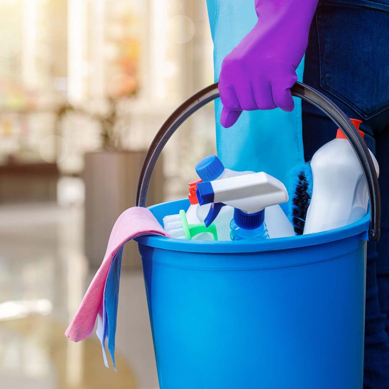 Cleaning woman holding a bucket with cleaning products cropped